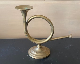 Brass Horn Candle Holder, Old Heavy Brass Trumpet Candlestick