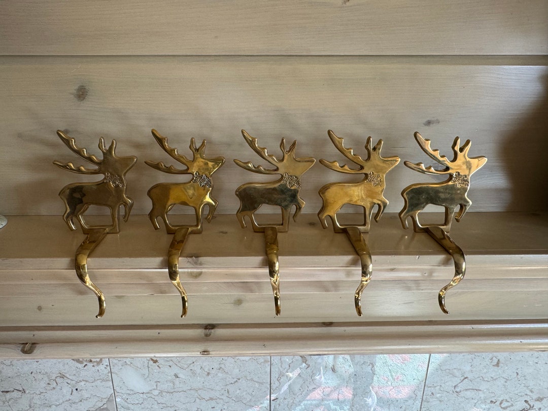 Vintage Brass Reindeer Stocking Holder Mantle Hooks Set of 5 Etsy