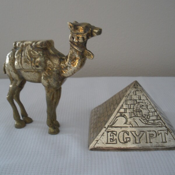 Brass Camel and Egyptian Pyramid Statue Figurine Paper Weight - Set of Two
