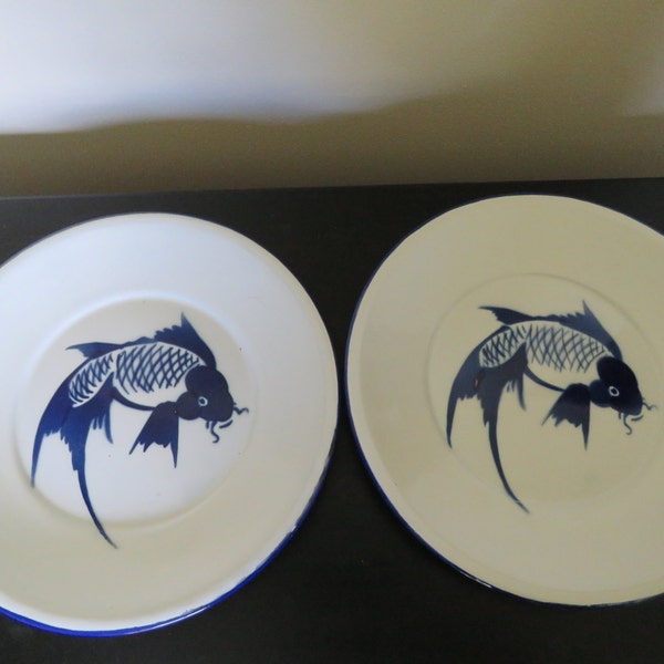 Enamel Koi Carp Fish Plates - Blue & White Asian Enamelware Tin Decor - Set of 2