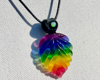 Hand Blown Glass Rainbow Leaf Pendant with an Opal. Hand carved Lampwork Glass Rainbow Fade Leaf with Opal Necklace