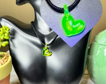 Hand Blown Uranium Glass Heart Pendant: Blacklight Reactive Necklace