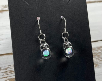 Hand Blown Glass Earrings with encased Opals. Hand made Opal Earrings with Titanium Findings.