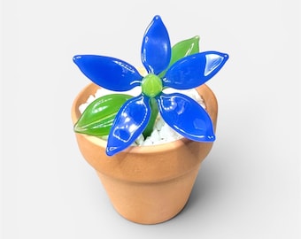 Hand Blown Blue Flower Sculpture with Terracotta Pot