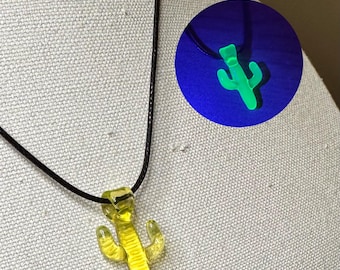 Hand Blown Uranium Glass Cactus Pendant Necklace Lampwork UV Reactive Jewelry