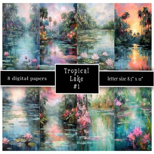 Papeles de diario de lago tropical, papeles digitales de estanque tropical de acuarela, 8,5"x11" Jpg 300 ppp, pasteles, Shabby Chic, tamaño de carta,