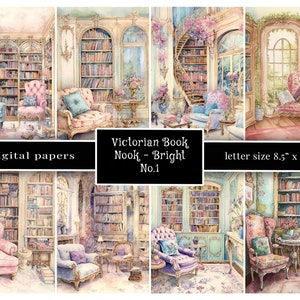 Papel digital de biblioteca de rincón de libro antiguo, biblioteca victoriana de pasteles brillantes, acuarela, 8.5 "x 11" Jpg 300 ppp, rococó, Shabby Chic, BNPL1