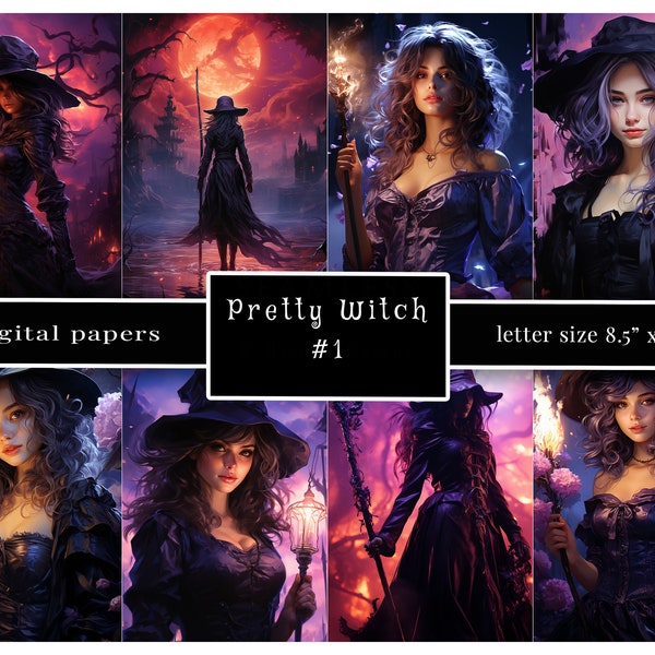 Pretty Witch Digital Paper, Haloween Dark Moody Journal Papers, Purple, Lavender, 8.5"x11" Jpg 300 dpi,