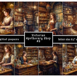 Farmacista vittoriano negozio erborista con piante, erbe, vasetti di bottiglie, documenti digitali, 8,5 "x 11" Jpg 300 dpi, verdi, acquerello,