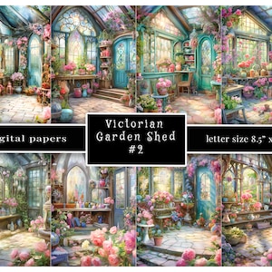 Hermosos papeles digitales de cobertizo de flores de jardín victoriano, papel de diario basura de cobertizo de macetas, 8,5"x11" Jpg 300 dpi, pasteles, Shabby Chic,