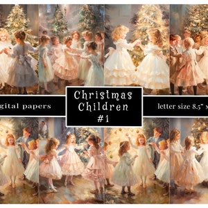 Children around Christmas Tree Journal Paper, Acuarela, 8.5"x11" Jpg 300 dpi, Shabby Chic, Cottagecore