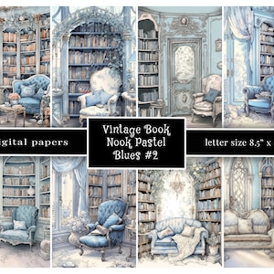 Vintage Library Digital Paper Pastel Blues, Vintage Book Nook, 8.5"x11" Jpg 300 dpi, Rococó, Shabby Chic, Victoriano, Tamaño carta, BNPB2