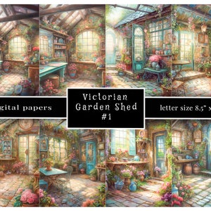 Hermosos papeles digitales de cobertizo de jardín de flores victoriano, papel de diario basura de cobertizo de macetas, 8,5"x11" Jpg 300 dpi, pasteles, Shabby Chic,