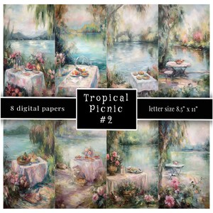 Papeles de diario de picnic de campo tropical, papeles digitales picinic de acuarela, 8,5"x11" Jpg 300 dpi, pasteles, Shabby Chic, tamaño carta,
