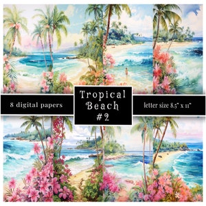 Papeles de diario de isla tropical, papeles digitales de estanque tropical de acuarela, 8,5"x11" Jpg 300 ppp, pasteles, Shabby Chic, tamaño carta,