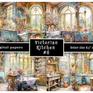 Papel de diario de cocina, Cottagecore, Shabby Chic, Pastel Blues, Junk Journal, Beautiful Kitchen, 8.5"x11" Jpg 300 dpi, Rococó, Tamaño carta