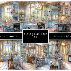 Victorian Kitchen Journal Paper, Cottagecore, Pastel Blues, Junk Journal, Beautiful Kitchen, 8.5"x11" Jpg 300 dpi, Rococó, Tamaño carta