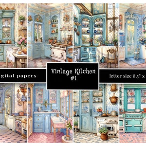 Vintage Kitchen Journal Paper, Cottagecore, Pastel Blues, Vintage Kitchen, 8.5"x11" Jpg 300 dpi, Rococó, Shabby Chic, Victoriano, Tamaño carta