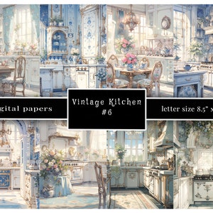 Vintage Kitchen Journal Paper, Pastel Blues, Victorian Kitchen Digital Paper, 8.5"x11" Jpg 300 dpi, Rococó, Shabby Chic, Tamaño carta