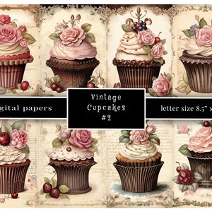 Cupcake Journal Papier, viktorianische Cupcakes digitales Papier, Vintage Cupcakes digitales Papier, 8,5 "x 11" Jpg 300 dpi, Shabby Chic, Cottagecore