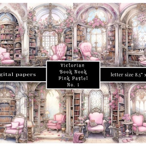 Vintage Book Nook Library Digital Paper, Pink Pastels Victorian Library, Watercolor, 8.5&quot;x11&quot; Jpg 300 dpi, Rococo, Shabby Chic, Cottagecore