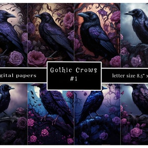 Gothic Crows with Purple Roses Digital Paper, Black Ravens Dark Moody Journal Papers, 8.5"x11" Jpg 300 dpi,