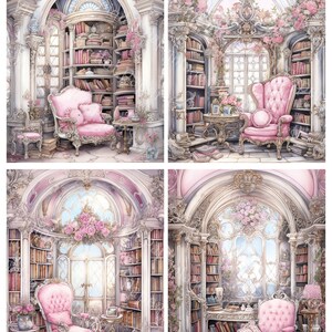 Vintage Book Nook Library Digital Paper, Pink Pastels Victorian Library ...