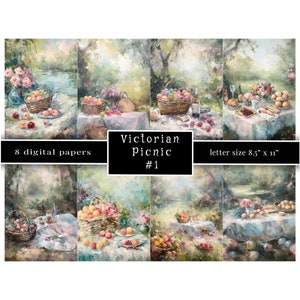 Papeles del diario de picnic del país victoriano, papeles digitales picinic de acuarela, 8,5"x11" Jpg 300 dpi, pasteles, Shabby Chic, tamaño carta,
