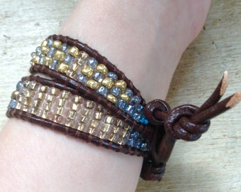 Brown Leather Beaded Wrap Bracelet