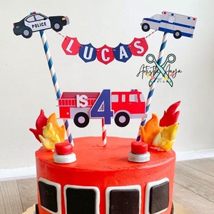 First Responder Cake Bunting Topper and Mini Age Fire Truck Cake Topper (2 pc set) - Police Fire Rescue - Red, Blue, Black