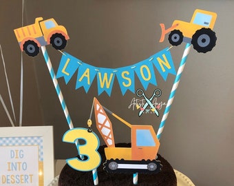 Construction Cake Bunting Topper and Age Cake Topper (2 pc set) - Bulldozer Crane Dump Truck  - Yellow Black Blue Orange