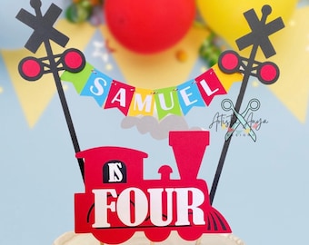 Colorful Railroad Personalized Cake Bunting Topper with Vintage Red Train Cake Topper- Chugga Chugga Two Two Birthday Smash Cake