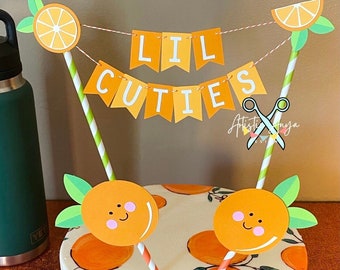 Lil Cutie Orange Cake Bunting Topper & Kawaii Orange Cake Topper (2 Pc Set) Citrus Theme Birthday Party - Orange Lime Green