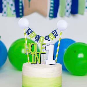 Golf Ball Cake Bunting Topper & Hole-in-1 Cake Topper (2 Pc Set) Little Golfer 1st Birthday Party - Baby Blue Lime Green
