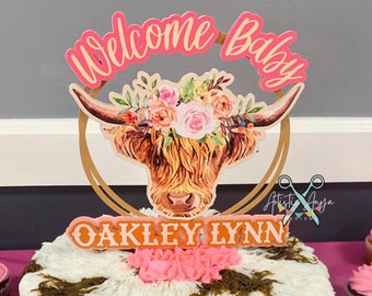 Highland Cow Cake Topper with Personalized Name - Pink and Burnt Orange Baby Shower Decorations