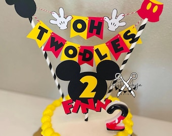 Mickey Mouse Birthday Age Cake Bunting Topper - Oh Two-dles Smash Cake - Red Yellow Black White