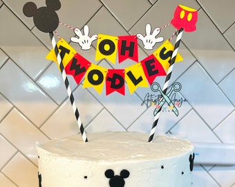 Mickey Mouse Birthday Age Cake Bunting Topper - Oh Two-dles Smash Cake - Red Yellow Black White