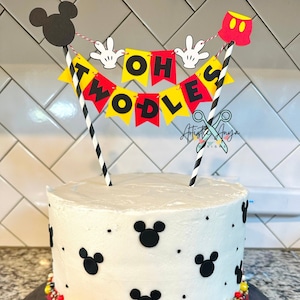 Mickey Mouse Birthday Age Cake Bunting Topper - Oh Two-dles Smash Cake - Red Yellow Black White