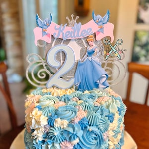 Cinderella Gold Glitter Carriage Cake Topper - Princess Party Decorations - Personalized Cake Topper - Pink and Light Blue