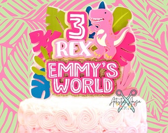 Pink Glitter Girl Dinosaur Cake Topper - TRex Dino-mite Party Decorations - Pink & Gold - 3 Rex Birthday Party