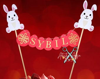 Year of the Rabbit 2023 - Red Egg and Ginger Party - 100 Days- Personalized Cake Bunting Topper - Custom Name Cake Banner – Red and Gold