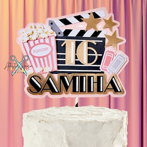 Light Pink and Rose Gold Movie Night Cake Topper - Movie Theme Party Decorations - Age & Name Topper
