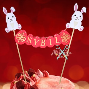 Year of the Rabbit 2023 - Red Egg and Ginger Party - 100 Days- Personalized Cake Bunting Topper - Custom Name Cake Banner – Red and Gold