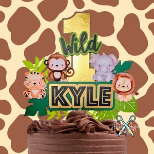Safari Wild One Cake Topper with Cute Baby Animals - Jungle Themed Birthday - Safari Decorations - Green Black Gold
