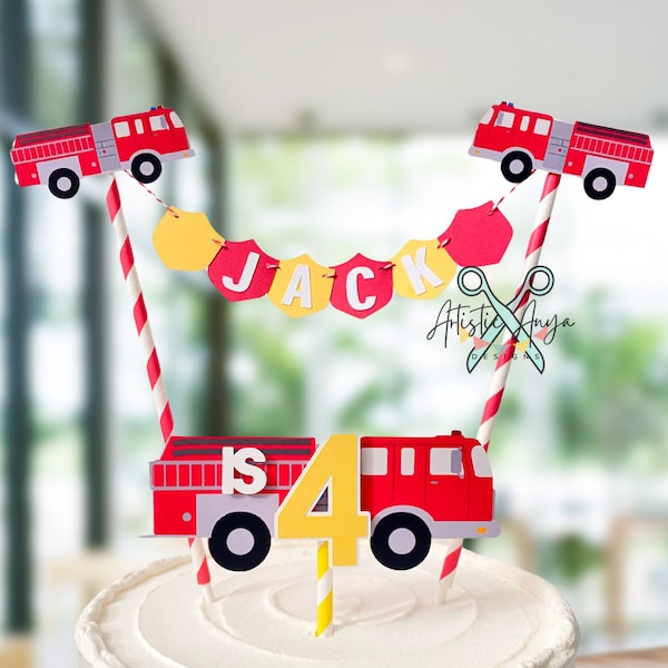 Fire Truck Cake Bunting Topper and Mini Age Fire Truck Cake Topper (2 pc set) - First Responder Fire Rescue - Red, Blue