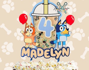 Bluey Dog & Boba Tea Shaker Cake Topper - Bluey Birthday Decorations - Personalized Cake Topper - Blue and Brown