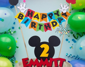 Mickey Mouse Clubhouse - Happy Birthday Cake Bunting & Name Age Cake Topper (2 pc set) - Red Orange Yellow Green Blue Black