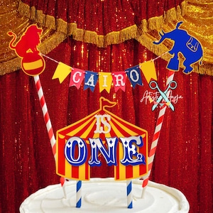 Circus Cake Bunting Topper with Mini Circus Tent Cake Topper- Circus Carnival 1st Birthday Smash Cake - Red Blue Yellow
