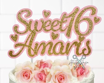 Sweet 16 Personalized Birthday Glitter Cake Topper - Pink Gold Party Decorations - 16th Birthday