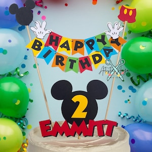 Mickey Mouse Clubhouse - Happy Birthday Cake Bunting & Name Age Cake Topper (2 pc set) - Red Orange Yellow Green Blue Black